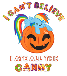 Size: 800x900 | Tagged: safe, imported from derpibooru, rainbow dash, pegasus, pony, candy, design, eyes closed, female, food, g4, halloween, holiday, jack-o-lantern, mare, merchandise, official, pumpkin, shirt design, simple background, sleeping, solo, text, transparent background