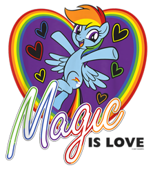 Size: 800x900 | Tagged: safe, imported from derpibooru, rainbow dash, pegasus, pony, design, female, flying, g4, heart, mare, merchandise, official, pride flag, rainbow, shirt design, simple background, solo, text, transparent background