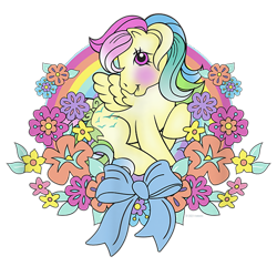 Size: 650x650 | Tagged: safe, imported from derpibooru, skydancer, pegasus, pony, blushing, bow, design, female, flower, g1, mare, merchandise, official, shirt design, simple background, solo, text, transparent background, wreath