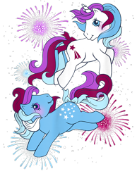 Size: 700x900 | Tagged: safe, imported from derpibooru, blue belle, glory, earth pony, pony, unicorn, 4th of july, design, duo, female, fireworks, g1, holiday, mare, merchandise, official, shirt design, simple background, text, transparent background