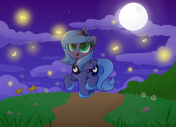 Size: 6800x4900 | Tagged: safe, artist:kittyrosie, imported from derpibooru, princess luna, alicorn, firefly (insect), insect, pony, blushing, crown, cute, female, hoof shoes, jewelry, lunabetes, open mouth, peytral, regalia, s1 luna, solo, starry eyes, wingding eyes
