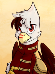 Size: 210x283 | Tagged: safe, artist:bunnyshrubby, imported from derpibooru, oc, oc only, oc:vermilion brightwing, griffon, equestria at war mod, bust, clothes, epaulettes, eyelashes, griffon oc, military uniform, portrait, red eyes, simple background, uniform, wings