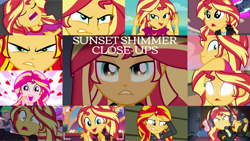 Size: 1280x721 | Tagged: safe, edit, edited screencap, editor:quoterific, imported from derpibooru, screencap, fluttershy, sunset shimmer, eqg summertime shorts, equestria girls, equestria girls (movie), equestria girls series, forgotten friendship, friendship games, game stream, how to backstage, i'm on a yacht, my past is not today, pet project, rainbow rocks, sunset's backstage pass!, wake up!, spoiler:eqg series (season 2), angry, blushing, close-up, clothes, cute, cutie mark, cutie mark on clothes, eyes closed, female, gamer sunset, gamershy, headphones, open mouth, rageset shimmer, shimmerbetes, shrunken pupils, sleeping, wake up!: rainbow dash