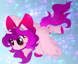 Size: 4212x3488 | Tagged: safe, artist:2pandita, imported from derpibooru, oc, oc only, alicorn, pony, bow, female, flying, hair bow, mare, solo, unshorn fetlocks