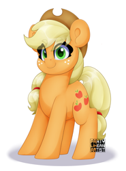 Size: 2962x4000 | Tagged: safe, artist:partylikeanartist, imported from derpibooru, applejack, earth pony, pony, absurd resolution, applebetes, applejack's hat, cowboy hat, cute, eye clipping through hair, eyebrows, eyebrows visible through hair, female, freckles, hat, high res, jackabetes, looking at you, mare, obtrusive watermark, ponytail, simple background, smiling, smirk, solo, watermark, white background