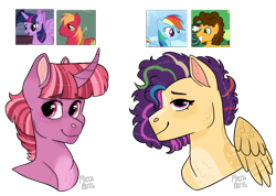 Size: 2365x1684 | Tagged: safe, artist:moccabliss, imported from derpibooru, big macintosh, cheese sandwich, rainbow dash, twilight sparkle, oc, alicorn, pony, unicorn, bust, cheesedash, female, male, offspring, parent:big macintosh, parent:cheese sandwich, parent:rainbow dash, parent:twilight sparkle, parents:cheesedash, parents:twimac, screencap reference, shipping, simple background, straight, transparent background, twilight sparkle (alicorn), twimac
