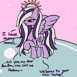 Size: 2000x2000 | Tagged: safe, artist:dafiltafish, imported from derpibooru, oc, oc:hedone, alicorn, comic:day by day, alicorn oc, crown, dialogue, goddess, high res, horn, implied bon bon, jewelry, regalia, wings