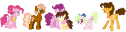 Size: 8444x2160 | Tagged: safe, artist:gallantserver, imported from derpibooru, cheese sandwich, pinkie pie, oc, oc:cocoa puff, oc:jelly sandwich, oc:key lime pie, oc:puff pastry, pegasus, pony, absurd resolution, cheesepie, female, filly, male, mare, offspring, parent:cheese sandwich, parent:pinkie pie, parents:cheesepie, shipping, simple background, straight, transparent background