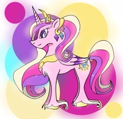 Size: 2960x2864 | Tagged: safe, artist:goldlines005, imported from derpibooru, princess cadance, alicorn, pony, abstract background, female, high res, hoof fluff, horn, jewelry, mare, peytral, redesign, smiling, solo, tiara, two toned wings, wings