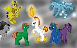 Size: 800x500 | Tagged: safe, artist:mdragonflame, imported from derpibooru, oc, oc only, earth pony, pegasus, pony, unicorn, earth pony oc, flying, group, horn, pegasus oc, rearing, unicorn oc, wings