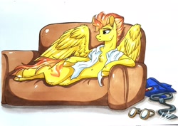 Size: 2048x1446 | Tagged: safe, artist:lupiarts, imported from derpibooru, spitfire, pegasus, pony, clothes, couch, goggles, necktie, shirt, simple background, solo, spib, traditional art