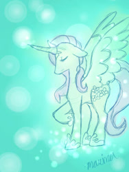 Size: 300x400 | Tagged: safe, artist:mdragonflame, imported from derpibooru, fluttershy, alicorn, pegasus, pony, abstract background, alicornified, eyes closed, fake horn, female, fluttercorn, hoof shoes, mare, princess fluttershy, race swap, raised hoof, signature, solo