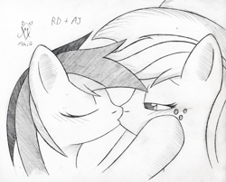 Size: 550x443 | Tagged: safe, artist:srmario, imported from derpibooru, applejack, rainbow dash, earth pony, pegasus, pony, appledash, bedroom eyes, bust, duo, eyelashes, eyes closed, female, freckles, grayscale, kiss on the lips, kissing, lesbian, mare, monochrome, shipping, signature, traditional art