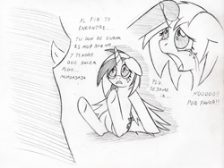 Size: 600x450 | Tagged: safe, artist:srmario, imported from derpibooru, oc, oc:doctiry, alicorn, pony, alicorn oc, crying, dialogue, female, grayscale, horn, mare, monochrome, not vinyl scratch, signature, sitting, spanish, traditional art, underhoof, wings