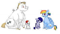 Size: 1464x838 | Tagged: safe, artist:ukulelepineapplecat, imported from derpibooru, oc, oc:buff bolt, oc:indigo, pegasus, pony, alternate hairstyle, bulkdash, colt, female, filly, half-siblings, male, mare, offspring, parent:bulk biceps, parent:rainbow dash, parent:soarin', parents:rainbulk, parents:soarindash, pegasus oc, rainbulk, shipping, simple background, stallion, straight, white background, wings