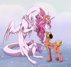 Size: 3281x3068 | Tagged: safe, artist:1an1, imported from derpibooru, oc, oc only, draconequus, earth pony, pony, clasped hands, draconequus oc, duo, gradient legs, grass, hat, high res, jewelry, reaching, sitting, size difference, standing, tiara