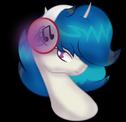 Size: 1028x1000 | Tagged: safe, artist:aonairfaol, imported from derpibooru, oc, oc only, pony, unicorn, black background, bust, headphones, horn, simple background, solo, unicorn oc