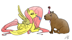 Size: 2225x1230 | Tagged: safe, artist:opalacorn, imported from derpibooru, fluttershy, pegasus, pony, beanbrows, capybara, dock, duo, eyebrows, eyes closed, female, hat, mare, noisemaker, party hat, party horn, simple background, white background