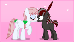 Size: 2560x1440 | Tagged: safe, artist:cranberry-tofu, imported from derpibooru, oc, oc only, oc:squeaky pitch, oc:whisper call, earth pony, pony, unicorn, female, kissing, mare