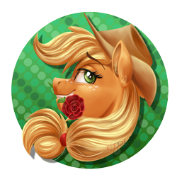 Size: 3000x3000 | Tagged: safe, artist:jack-pie, imported from derpibooru, applejack, earth pony, pony, cowboy hat, female, flower, freckles, green eyes, hat, head only, high res, mare, mouth hold, rose, solo, stetson