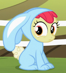 Size: 277x307 | Tagged: safe, imported from derpibooru, screencap, apple bloom, pony, family appreciation day, season 2, adorabloom, animal costume, bunny bloom, bunny costume, clothes, costume, cropped, cute, solo