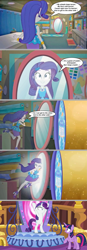 Size: 1145x3289 | Tagged: safe, artist:silverbuller, edit, edited screencap, imported from derpibooru, screencap, rarity, twilight sparkle, alicorn, pony, unicorn, equestria girls, equestria girls series, the other side, bipedal, comic, epic fail, fail, floppy ears, human to pony, magic mirror, mirror portal, rarity peplum dress, screencap comic, singing, speech bubble, twilight sparkle (alicorn)