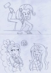 Size: 767x1095 | Tagged: safe, artist:crock2121, imported from derpibooru, adagio dazzle, trixie, wallflower blush, equestria girls, gavel, jiminy cricket, traditional art