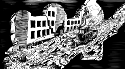 Size: 4256x2364 | Tagged: safe, artist:lexx2dot0, imported from derpibooru, fallout equestria, fallout equestria: project horizons, series:ph together we reread, black and white, boat, book, city, comic, fanfic art, flood, grayscale, high res, monochrome, no pony, river, ruins