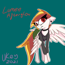 Size: 1280x1280 | Tagged: safe, artist:ukedideka, imported from derpibooru, oc, oc:lumen afterglow, pegasus, choker, clothes, collar, emo, fishnets, hoodie, looking at you, pegasus oc, piercing, simple background, skirt, species:abstract, spread wings, tail feathers, wings