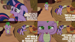 Size: 1280x720 | Tagged: safe, edit, edited screencap, editor:quoterific, imported from derpibooru, screencap, spike, twilight sparkle, dragon, pony, unicorn, it's about time, season 2, duo, eyes closed, female, floppy ears, golden oaks library, male, mare, open mouth, stairs, unicorn twilight