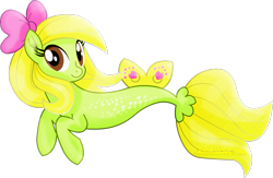 Size: 3029x1979 | Tagged: safe, artist:jucamovi1992, imported from derpibooru, oc, oc only, earth pony, pony, seapony (g4), brown eyes, dorsal fin, female, fish tail, flowing mane, flowing tail, looking at you, ribbon, seaponified, simple background, smiling, solo, species swap, tail, transparent background, watermark, yellow mane