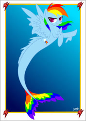 Size: 308x434 | Tagged: safe, artist:queenzora, imported from derpibooru, rainbow dash, hippocampus, merpony, pegasus, pony, seapony (g4), crepuscular rays, dorsal fin, feather, female, fins, fish tail, flowing mane, flowing tail, looking at you, multicolored hair, ocean, pink eyes, postcard, seaponified, seapony rainbow dash, simple background, smiling, solo, species swap, spread wings, sunlight, tail, underwater, water, wings
