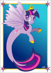 Size: 308x434 | Tagged: safe, artist:queenzora, imported from derpibooru, twilight sparkle, alicorn, pony, seapony (g4), crepuscular rays, crown, feather, female, fins, fish tail, flowing mane, flowing tail, hoof shoes, horn, jewelry, looking at you, ocean, postcard, purple eyes, regalia, seaponified, seapony twilight, simple background, smiling, solo, species swap, spread wings, sunlight, swimming, tail, twilight sparkle (alicorn), underwater, water, wings