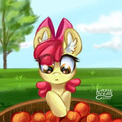 Size: 1280x1280 | Tagged: safe, artist:lazybread, artist:verylazybread, imported from derpibooru, apple bloom, earth pony, pony, apple, bucket, ear fluff, female, filly, food, solo, tree
