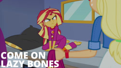 Size: 1280x720 | Tagged: safe, edit, edited screencap, editor:quoterific, imported from derpibooru, screencap, applejack, sunset shimmer, equestria girls, equestria girls series, wake up!, spoiler:eqg series (season 2), angry, barefoot, blanket, clothes, cutie mark, cutie mark on clothes, feet, female, glasses, music festival outfit, pajamas, pillow, reference, shrek, shrek the third, wake up!: applejack