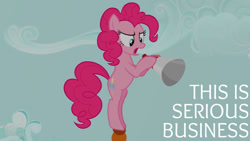 Size: 1280x720 | Tagged: safe, edit, edited screencap, editor:quoterific, imported from derpibooru, screencap, pinkie pie, earth pony, pony, a friend in deed, season 2, bipedal, female, mare, megaphone, open mouth, serious business, solo