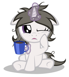 Size: 2280x2540 | Tagged: safe, artist:strategypony, imported from derpibooru, oc, oc only, oc:solaria, pony, unicorn, chocolate, female, filly, floppy ears, foal, food, glowing horn, high res, horn, hot chocolate, magic, magic aura, messy mane, missing accessory, mug, one eye closed, open mouth, rubbing eyes, simple background, sitting, sleepy, solo, telekinesis, transparent background, vector