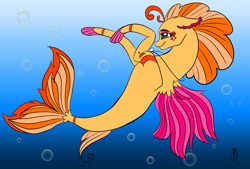 Size: 1814x1228 | Tagged: safe, artist:spotzoftheworld, imported from derpibooru, oc, oc only, hybrid, merpony, seapony (g4), bubble, crepuscular rays, dorsal fin, fin wings, fins, fish tail, flowing tail, freckles, green eyes, jewelry, necklace, ocean, signature, smiling, solo, sunlight, swimming, tail, underwater, water, wings