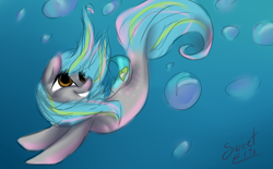 Size: 1116x692 | Tagged: safe, artist:elisdoominika, imported from derpibooru, oc, oc only, earth pony, pony, seapony (g4), brown eyes, bubble, crepuscular rays, dorsal fin, eyelashes, female, fish tail, flowing mane, flowing tail, looking up, ocean, seaponified, signature, smiling, solo, species swap, swimming, tail, underwater, water