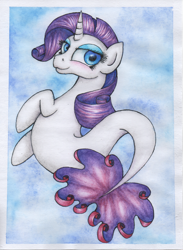 Size: 1742x2383 | Tagged: safe, artist:langustka, imported from derpibooru, rarity, merpony, pony, seapony (g4), unicorn, my little pony: the movie, blue background, blue eyes, blue mane, blushing, colored pupils, female, fish tail, flowing mane, flowing tail, horn, ocean, seaponified, seapony rarity, simple background, smiling, solo, species swap, tail, underwater, water