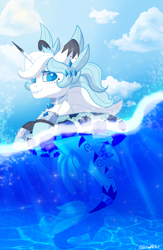 Size: 1452x2222 | Tagged: safe, artist:wicked-red-art, imported from derpibooru, oc, oc only, pony, seapony (g4), unicorn, blue eyes, bubble, cloud, commission, crepuscular rays, dorsal fin, fish tail, flowing mane, flowing tail, horn, looking at you, ocean, seaponified, sky, smiling, solo, species swap, sunlight, swimming, tail, underwater, water, ych result