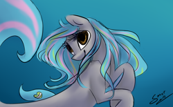 Size: 1116x692 | Tagged: safe, artist:elisdoominika, imported from derpibooru, oc, oc only, earth pony, pony, seapony (g4), brown eyes, crepuscular rays, dorsal fin, female, fish tail, flowing mane, flowing tail, ocean, seaponified, signature, smiling, solo, species swap, tail, underwater, water