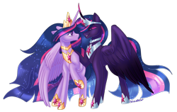 Size: 1874x1188 | Tagged: safe, artist:wicked-red-art, imported from derpibooru, twilight sparkle, oc, oc:everlight everlasting, alicorn, pony, the last problem, corrupted, crown, duality, ethereal mane, evil, evil grin, evil twilight, feather, female, flowing mane, flowing tail, grin, hoof shoes, horn, horns are touching, jewelry, looking at each other, older, older twilight, princess twilight 2.0, purple eyes, regalia, self ponidox, simple background, smiling, solo, starry mane, transparent background, twilight sparkle (alicorn), wings