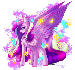 Size: 1024x947 | Tagged: safe, artist:wicked-red-art, imported from derpibooru, princess cadance, alicorn, pony, eyelashes, feather, featureless crotch, female, glow, glowing, horn, lidded eyes, multicolored hair, obtrusive watermark, purple eyes, simple background, slit eyes, slit pupils, solo, spread wings, transparent background, watermark, wings