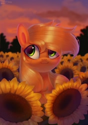 Size: 2150x3035 | Tagged: safe, artist:enderselyatdark, imported from derpibooru, applejack, earth pony, pony, :3, bust, cute, female, field, flower, high res, jackabetes, mare, portrait, scenery, smiling, solo, sunflower