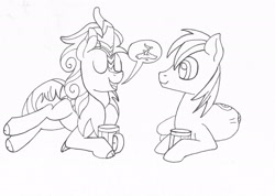 Size: 2438x1731 | Tagged: safe, artist:sefastpone, imported from derpibooru, big macintosh, forest fall, kirin, pony, black and white, cider, duo, grayscale, male, monochrome, open mouth, simple background, speech bubble, stallion, talking, traditional art, white background