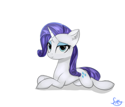 Size: 1400x1200 | Tagged: safe, artist:skylairo, imported from derpibooru, rarity, pony, unicorn, ear fluff, female, hair, horn, looking at you, lying down, mane, mare, simple background, smiling, solo, tail, watermark, white background