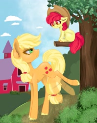 Size: 1622x2048 | Tagged: safe, artist:cloudberry_mess, artist:pixthemallow, imported from derpibooru, apple bloom, applejack, earth pony, pony, :t, accessory swap, applejack is not amused, applejack's hat, bucking, collaboration, cowboy hat, hat, looking back, sitting in a tree, smiling, tree, tree branch, unamused