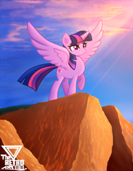 Size: 1100x1414 | Tagged: safe, artist:theretroart88, imported from derpibooru, twilight sparkle, alicorn, pony, cliff, crepuscular rays, cutie mark, female, mare, raised hoof, solo, twilight sparkle (alicorn), twilight sparkle day