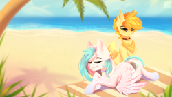 Size: 3840x2160 | Tagged: safe, artist:elektra-gertly, imported from derpibooru, oc, oc only, oc:aurryhollows, oc:foxyhollows, pegasus, pony, beach, beach towel, duo, high res, ocean, palm tree, tree